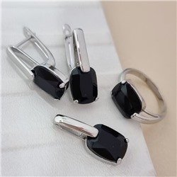 Комплект ювелирной бижутерии коллекция "Дубай" серьги, кулон и кольцо 17 р покрытие посеребрение, вставка: стекло, цвет: черный, арт.215.533-17