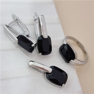 Комплект ювелирной бижутерии коллекция "Дубай" серьги, кулон и кольцо 17 р покрытие посеребрение, вставка: стекло, цвет: черный, арт.215.533-17