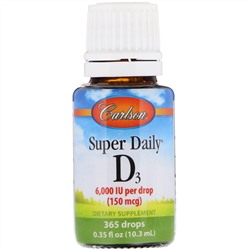 Carlson Labs, Super Daily D3, 150 мкг (6000 МЕ), 10,3 мл (0,35 жидкой унции)