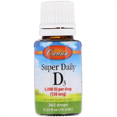 Carlson Labs, Super Daily D3, 150 мкг (6000 МЕ), 10,3 мл (0,35 жидкой унции)