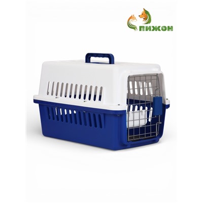 Переноска для животных, 49×31×31 см, с поддоном-решёткой и миской, пластик, белая, синяя