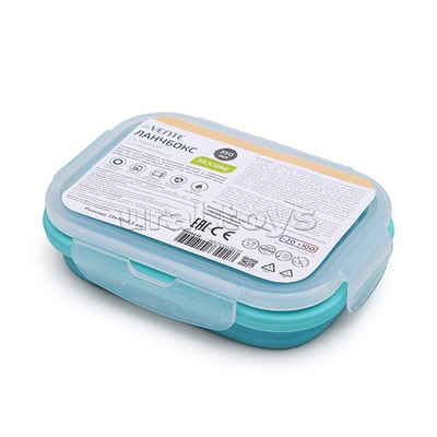 Ланчбокс складной герметичный прямоугольный, 350 мл, 13x9,5x6,5 см, в сложенном виде высота 3 см, силиконовый, с пластиковой крышкой, с отверстием вентиляции и силиконовой заглушкой, мятный