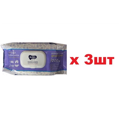 Aura Влажные салфетки 200шт Family big-pack c клапаном 3шт