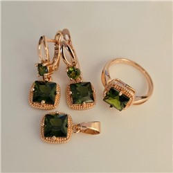 Комплект ювелирной бижутерии Дубайское золото: серьги, кулон и кольцо 20 р с крупным камнем, покрытие позолота, вставка: фианит, цвет: зеленый, арт.314.968-20