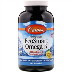 Carlson Labs, EcoSmart Omega-3, натуральный ароматизатор «Лимон», 1000 мг, 180 мягких таблеток