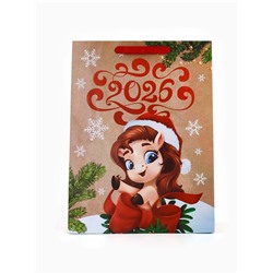 Пакет новогодний крафтовый подарочный «Новый год 2026», лошадь, L 31×40×11.5 см