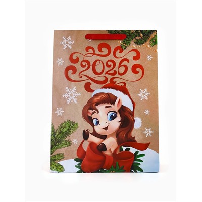 Пакет новогодний крафтовый подарочный «Новый год 2026», лошадь, L 31×40×11.5 см