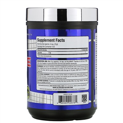 ALLMAX Nutrition, Таурин, без добавок, веганский продукт без глютена, 3000 мг, 400 г (14,11 унций)