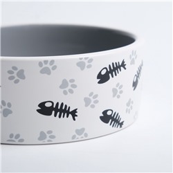 Миска для кошек керамическая Пижон «Рыбные косточки и лапки» 300 мл, 12.5×4.5 см, серая