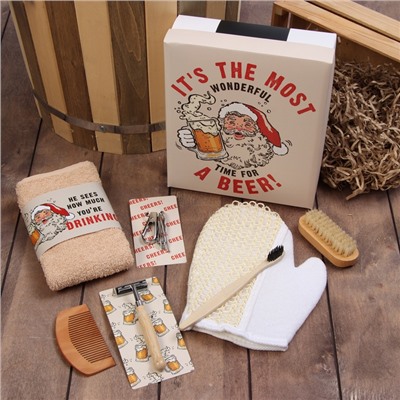 Набор новогодний подарочный «Этель. Санта видит всё», 7 предметов, полотенце, расчёска, щётка - массажёр