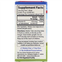 Carlson Labs, Super Daily D3, 150 мкг (6000 МЕ), 10,3 мл (0,35 жидкой унции)