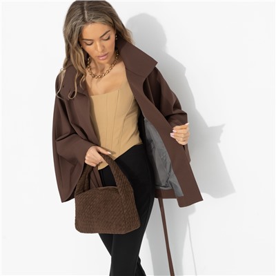 Жакет‑кейп на подкладе, Дикое притяжение (с поясом, брауни)