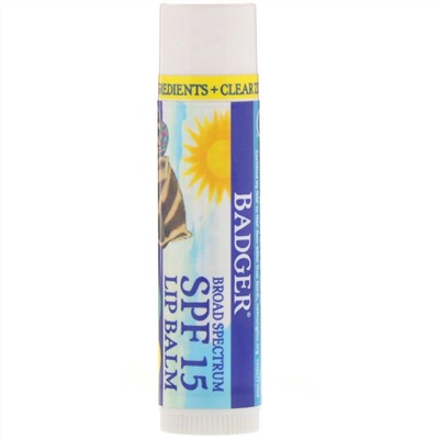 Badger Company, Lip Balm, Clear Zinc, Unscented, SPF 15, 0.15 oz (4.2 g)