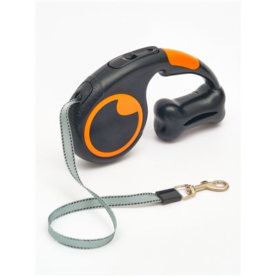 Рулетка - поводок «Косточка», 3 м, с контейнером для пакетов, пластик, чёрная