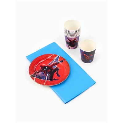 Посуда одноразовая бумажная на 10 персон: стаканы, тарелки, скатерть, Человек Паук