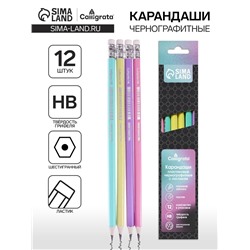Набор карандашей чернографитных 12 штук, Calligrata Pastel, с ластиком, заточенный, пластик, шестигранный, МИКС