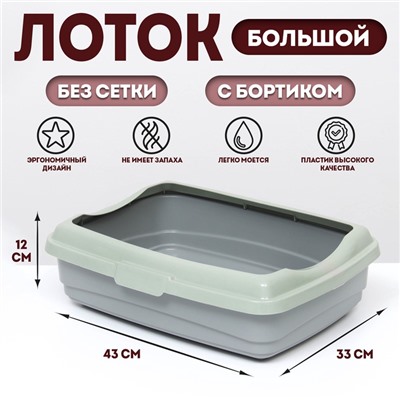 Лоток большой с бортиком Atlantis «Стандарт», 43×33×12.5 см, серый