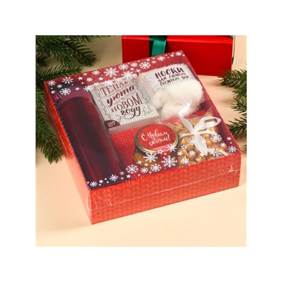 УЦЕНКА подарочный набор новогодний «С Новым годом», чай 50 г, крем-мед 120 г, носки 36-39 р, термос 500 мл, арахис в глазури 100 г