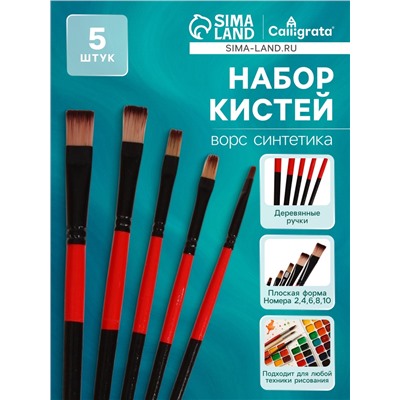 Набор кистей, нейлон, плоские, 5 штук, прямые