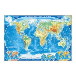 Карта настенная. Мир Физическая. Полушария 1:37М 101х69см (без ламинаци)