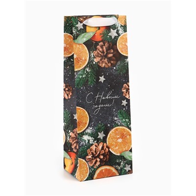 Пакет подарочный под бутылку новогодний «С Новым годом», 13×35×10 см