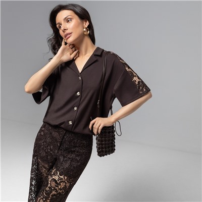 Рубашка, комбинированный с кружевом, Стильное дежавю (горький шоколад)