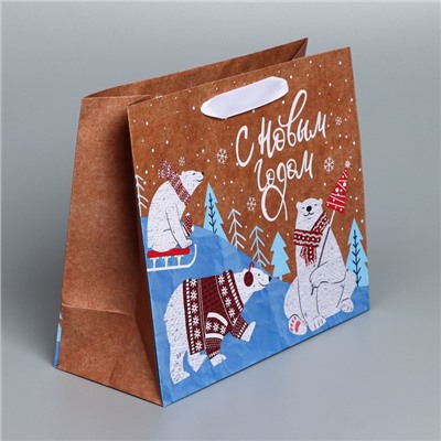 Пакет подарочный новогодний крафтовый «Белые медведи», ML 27×23×11.5 см
