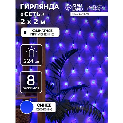 Гирлянда «Сеть» 2×2 м, IP20, тёмная нить, 224 LED, 8 режимов, 220 В, свечение синее