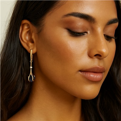 Серьги подвески длинные с черным камнем, покрытие позолота 585 пробы, арт.414.053