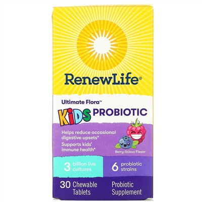 Renew Life, Ultimate Flora, пробиотик для детей, ягодный вкус, 3 млрд живых культур, 30 жевательных таблеток
