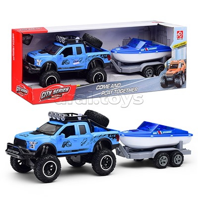 Машина с прицепом и лодкой (свет, звук) в коробке