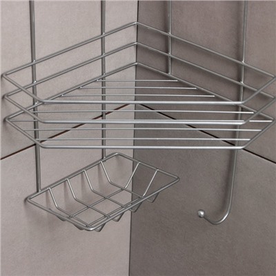 Полка угловая с мыльницей и вешалкой 2-х ярусная, 25.5×42.5 см, цвет хром