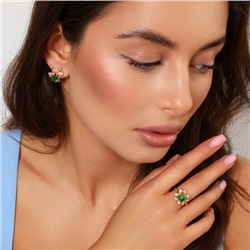 Комплект ювелирной бижутерии коллекция "Дубай" в форме цветов серьги и кольцо 18 р, покрытие позолота, вставка: фианиты, цвет: зеленый, Уценка, арт.08.4224-18 (215.321-18)