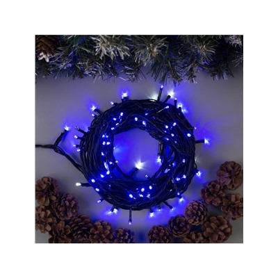 Гирлянда «Нить» 10 м, IP44, УМС, тёмная нить, 100 LED, свечение синее, мерцание белым, 220 В