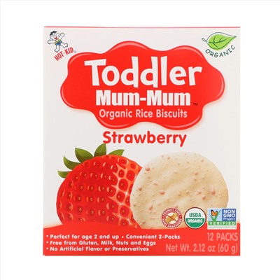 Hot Kid, Toddler Mum-Mum, органическое рисовое печенье, клубника, 12 упаковок, 60 г (2,12 унции)