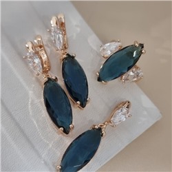 Комплект ювелирной бижутерии коллекция "Дубай" серьги, кулон и кольцо 18 р, покрытие позолота, вставка: стекло и фианиты, цвет: суровый синий и прозрачный, арт.414.251-18