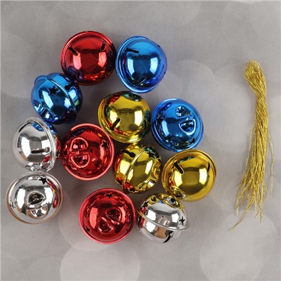 Бубенчики, набор 12 шт., размер 1 шт.: 3×3 см, цвет красный, жёлтый, синий, серебряный