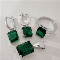 Комплект ювелирной бижутерии коллекция "Дубай" серьги, кулон и кольцо 17 р покрытие посеребрение, вставка: стекло, цвет: зеленый, арт.215.588-17