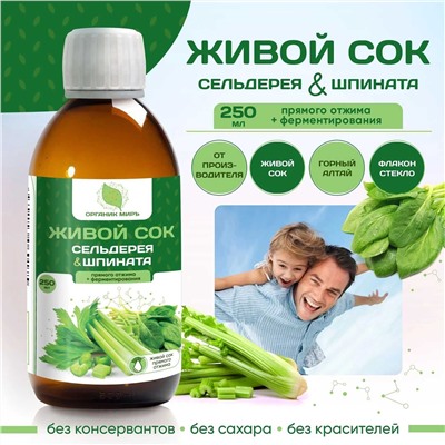Живой сок Сельдерей и Шпинат прямого отжима 250 мл.