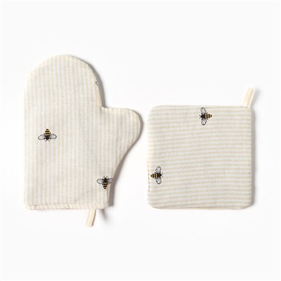 Кухонный набор Доляна «Пчёлки»: варежка 20×27 см, прихватка 19×19 см, рогожка 164 г/м², 100% хлопок