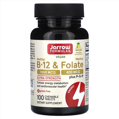 Jarrow Formulas, веганский метил B12 и метилфолат, повышенная сила действия, со вкусом лимона, 100 жевательных таблеток