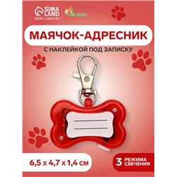 Маячок-адресник «Косточка» с наклейкой под записку 3 режима свечения красный