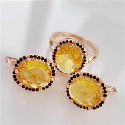 Комплект ювелирной бижутерии коллекция "Дубай" серьги и кольцо 20 р, покрытие позолота, вставка: фианиты, цвет: желтый и черный, арт.215.353-20