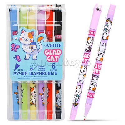 Набор ручек шариковых "Glad cat" 6 цветов, d=0,7 мм, пластиковый корпус, колпачок в виде кошечки