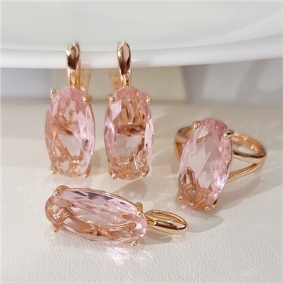 Комплект ювелирной бижутерии коллекция "Дубай" серьги, кулон и кольцо 19 р, покрытие позолота, вставка: фианит, цвет: розовый, арт.314.901-19