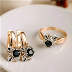 Комплект ювелирной бижутерии коллекция "Дубай" серьги и кольцо 17 р, покрытие позолота, вставка: фианиты, цвет: черный, арт.213.940-17