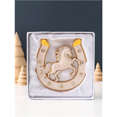 Подкова-оберег «Лошадь белая», панно на стену, 10.5×10.5×0.05 см, эмаль, стразы