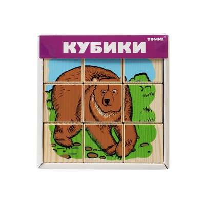 Кубики детские «Животные леса» деревянные, 9 деталей