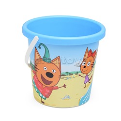 Песочный набор "Три кота и море приключений" №6: Ведро с наклейкой, лопатка №5, грабельки №5, формочки (замок мост + замок квадратный)