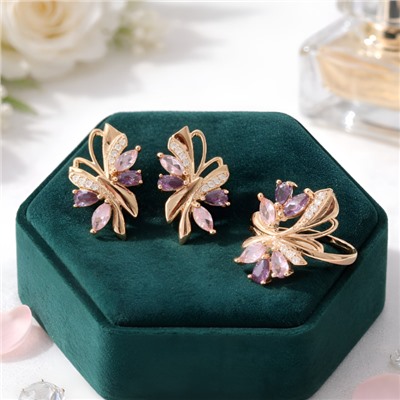 Комплект ювелирная бижутерия, серьги и кольцо позолота, камни цвет розово-фиолетовый, р-р 18, 76168, арт.414.463-18